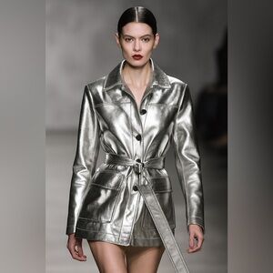 Avec Les Filles Anthropologie Metallic Silver Belted Jacket